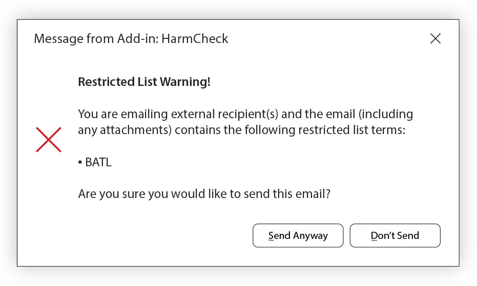 HarmCheck Restricted List warning popup blocking an outbound email with restricted terms