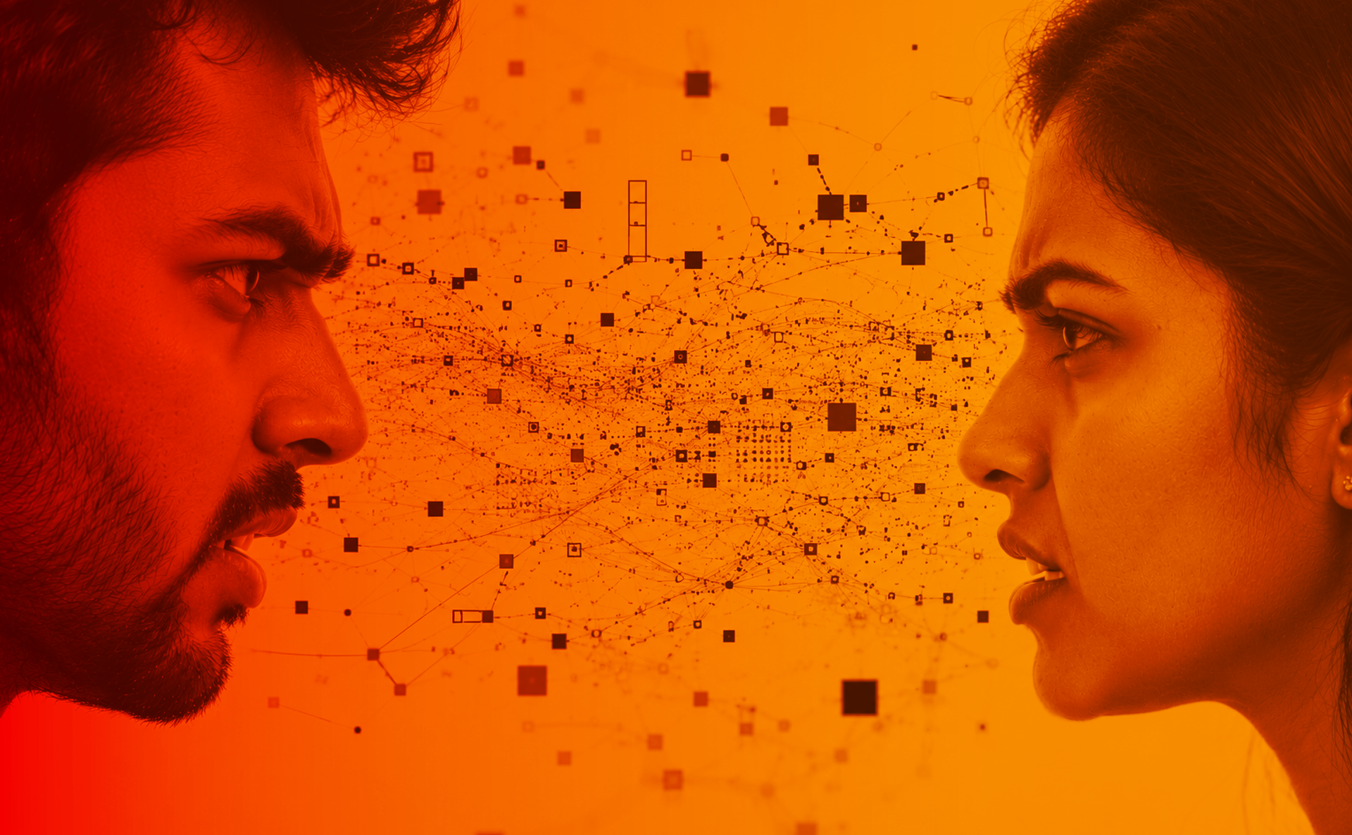 Profile views of a man and a woman facing each other across a network of digital communication signals, illustrating how workplace misconduct leaves a paper trail.